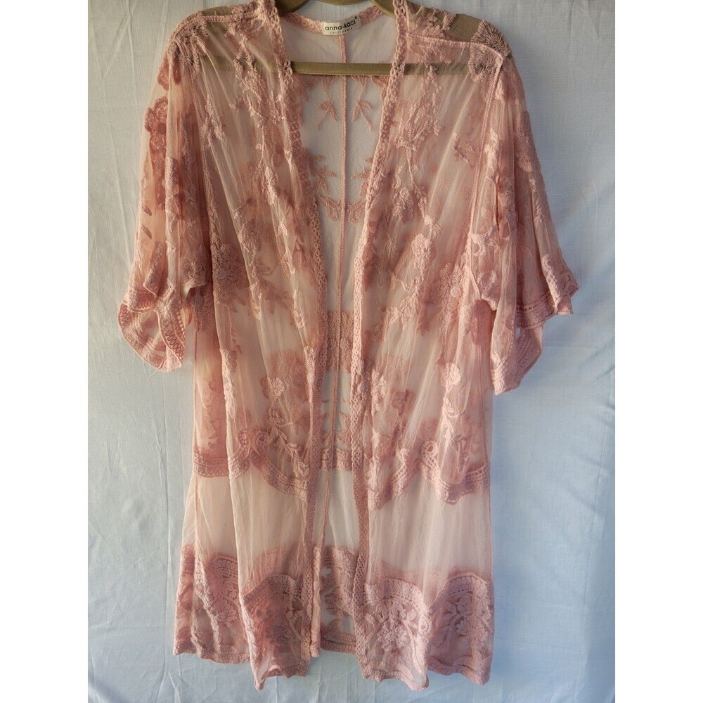 Anna-Kaci Pink Floral Embroidered Lace Kimono Cardigan Open Front Mesh Boho OS